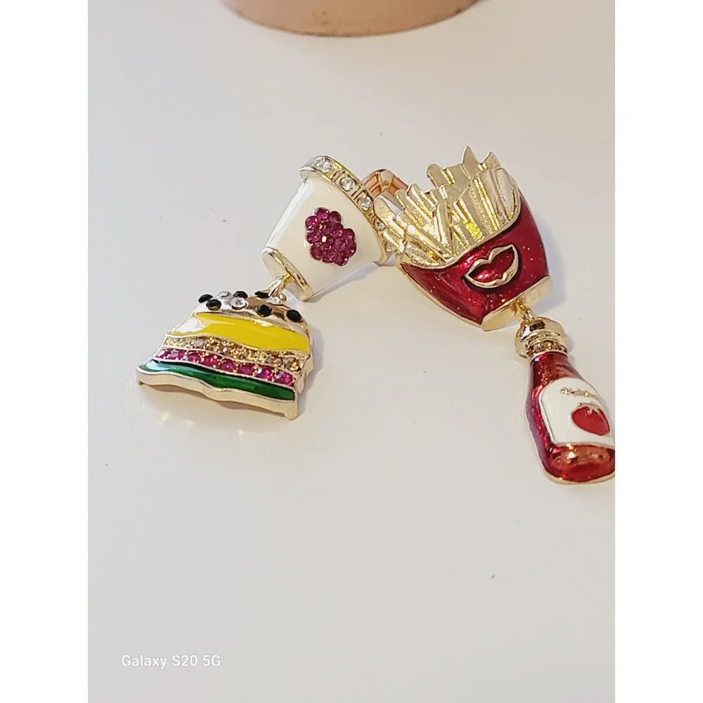 Fast Food Burger Fries Soda Ketchup Mismatched Enamel Rhinestone Drop Earrings